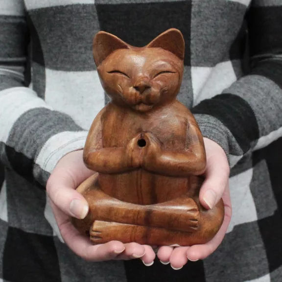 Geschnitzter Holz-Räucherhalter – Große Yoga-Katze Geschnitzter Holz-Räucherhalter – Große Yoga-Katze