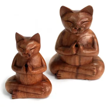 Geschnitzter Holz-Räucherhalter – Große Yoga-Katze