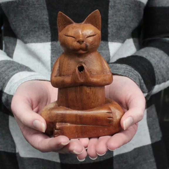 Geschnitzter Holz-Räucherhalter – Mittelgroße Yoga-Katze Geschnitzter Holz-Räucherhalter – Mittelgroße Yoga-Katze
