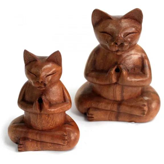 Geschnitzter Holz-Räucherhalter – Mittelgroße Yoga-Katze Geschnitzter Holz-Räucherhalter – Mittelgroße Yoga-Katze