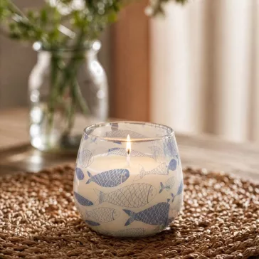   Glaskerze „Strandatmosphäre“ – Blue Fish, Duft „Brezza Marina“ (klein, 200 g)