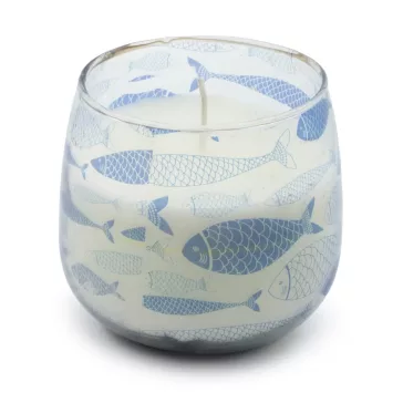   Glaskerze „Strandatmosphäre“ – Blue Fish, Duft „Brezza Marina“ (mittel, 280 g)