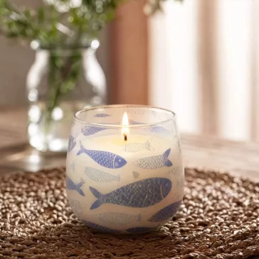   Glaskerze „Strandatmosphäre“ – Blue Fish, Duft „Brezza Marina“ (mittel, 280 g)
