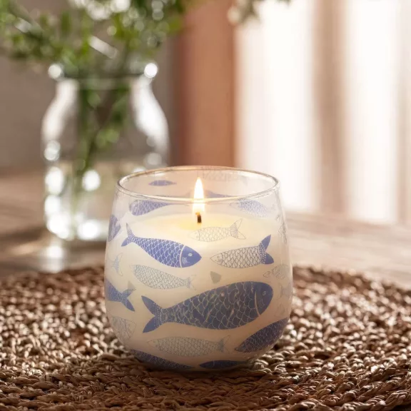 Glaskerze „Strandatmosphäre“ – Blue Fish, Duft „Brezza Marina“ (mittel, 280 g)