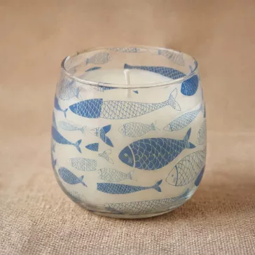   Glaskerze „Strandatmosphäre“ – Blue Fish, Duft „Brezza Marina“ (mittel, 280 g)