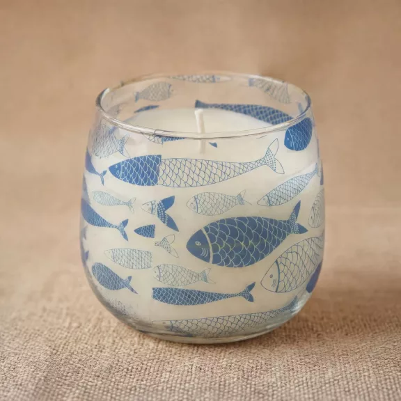 Glaskerze „Strandatmosphäre“ – Blue Fish, Duft „Brezza Marina“ (mittel, 280 g)