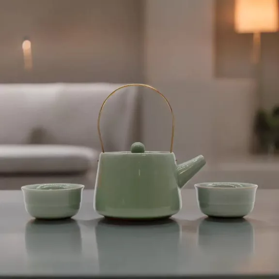 Grüner Teeservice - Teekanne und zwei Tassen Grüner Teeservice - Teekanne und zwei Tassen