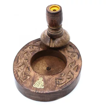   Kleiner Mango-Holz „Flüssiger Rauch“ Räucherstäbchenhalter – Messing-Buddha