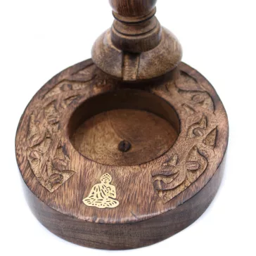   Kleiner Mango-Holz „Flüssiger Rauch“ Räucherstäbchenhalter – Messing-Buddha