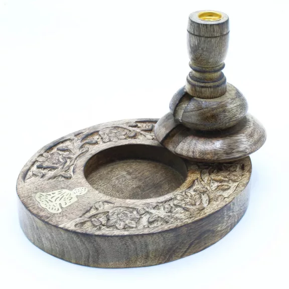 Mittlerer Mango-Holz „Flüssiger Rauch“ Räucherstäbchenhalter – Messing-Buddha Mittlerer Mango-Holz „Flüssiger Rauch“ Räucherstäbchenhalter – Messing-Buddha