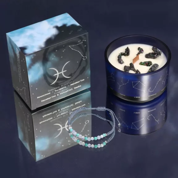 Fische – Sternzeichen Kerze mit Kristallen und Armband Fische – Sternzeichen Kerze mit Kristallen und Armband