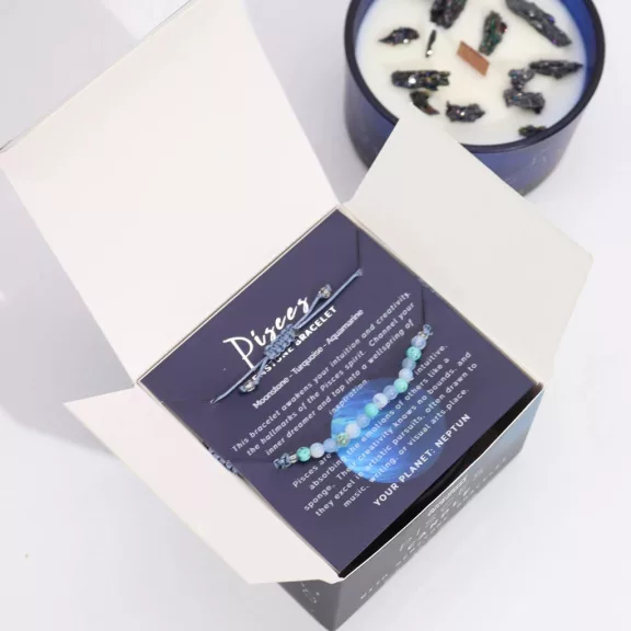 Fische – Sternzeichen Kerze mit Kristallen und Armband Fische – Sternzeichen Kerze mit Kristallen und Armband