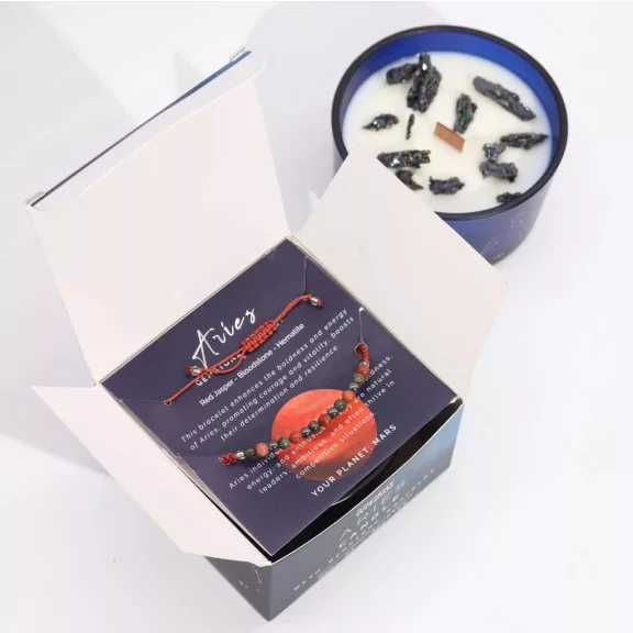 Widder - Sternzeichen Kerze mit Kristallen und Armband