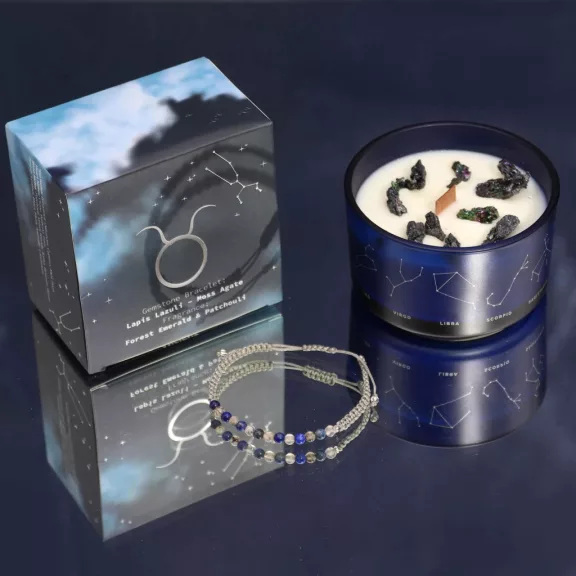 Stier - Sternzeichen Kerze mit Kristallen und Armband