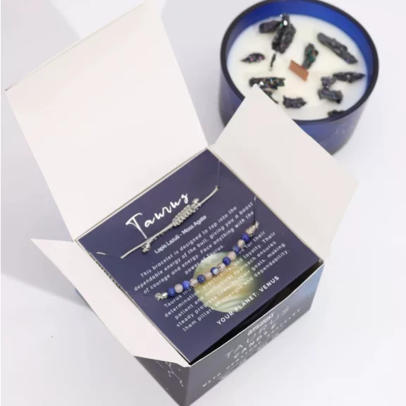 Stier - Sternzeichen Kerze mit Kristallen und Armband