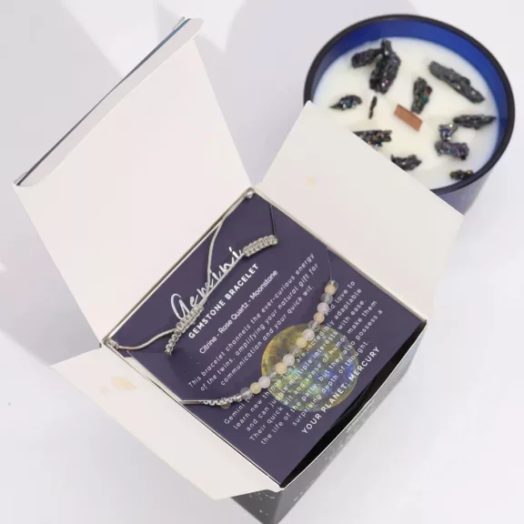 Zwillinge – Sternzeichen Kerze mit Kristallen und Armband