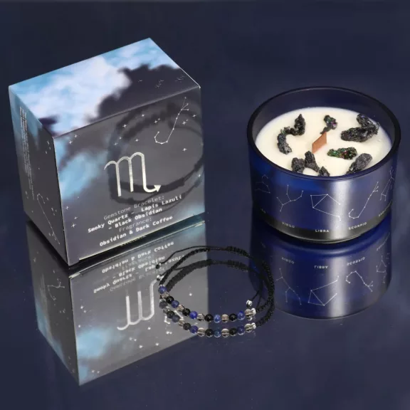 Waage - Sternzeichen Kerze mit Kristallen und Armban Waage - Sternzeichen Kerze mit Kristallen und Armban